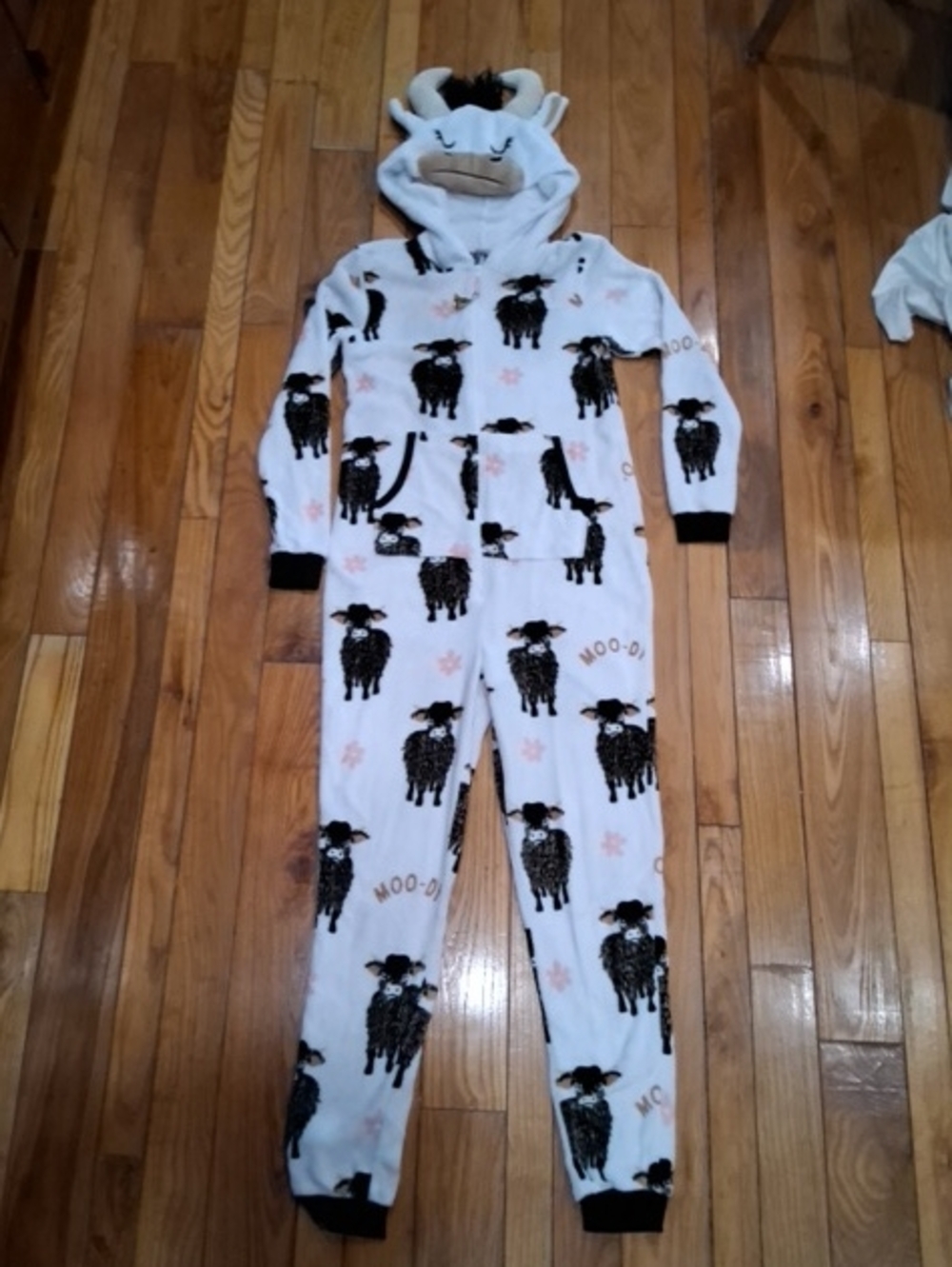Holiday Time White Cow Print Hooded Onesie Pajamas with Black Accents
